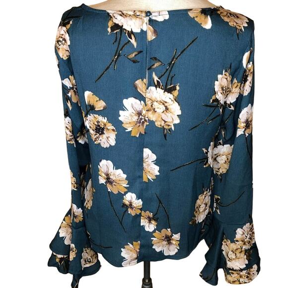 She + Sky Shirt Teal Long Sleeve Floral Blouse New S - Picture 2 of 4